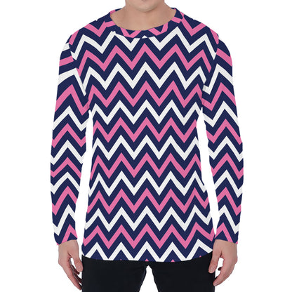 Navy Pink And White Chevron Print Men's Long Sleeve T-Shirt
