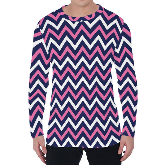 Navy Pink And White Chevron Print Men's Long Sleeve T-Shirt
