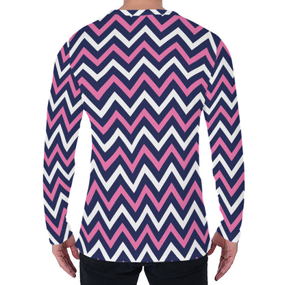 Navy Pink And White Chevron Print Men's Long Sleeve T-Shirt