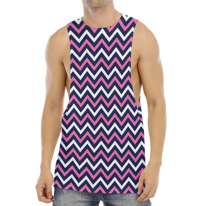 Navy Pink And White Chevron Print Men's Muscle Tank Top