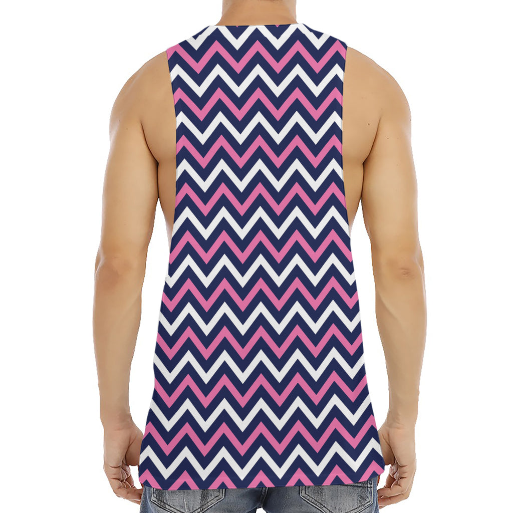 Navy Pink And White Chevron Print Men's Muscle Tank Top