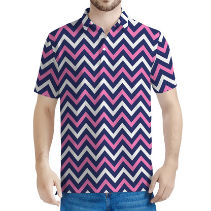 Navy Pink And White Chevron Print Men's Polo Shirt