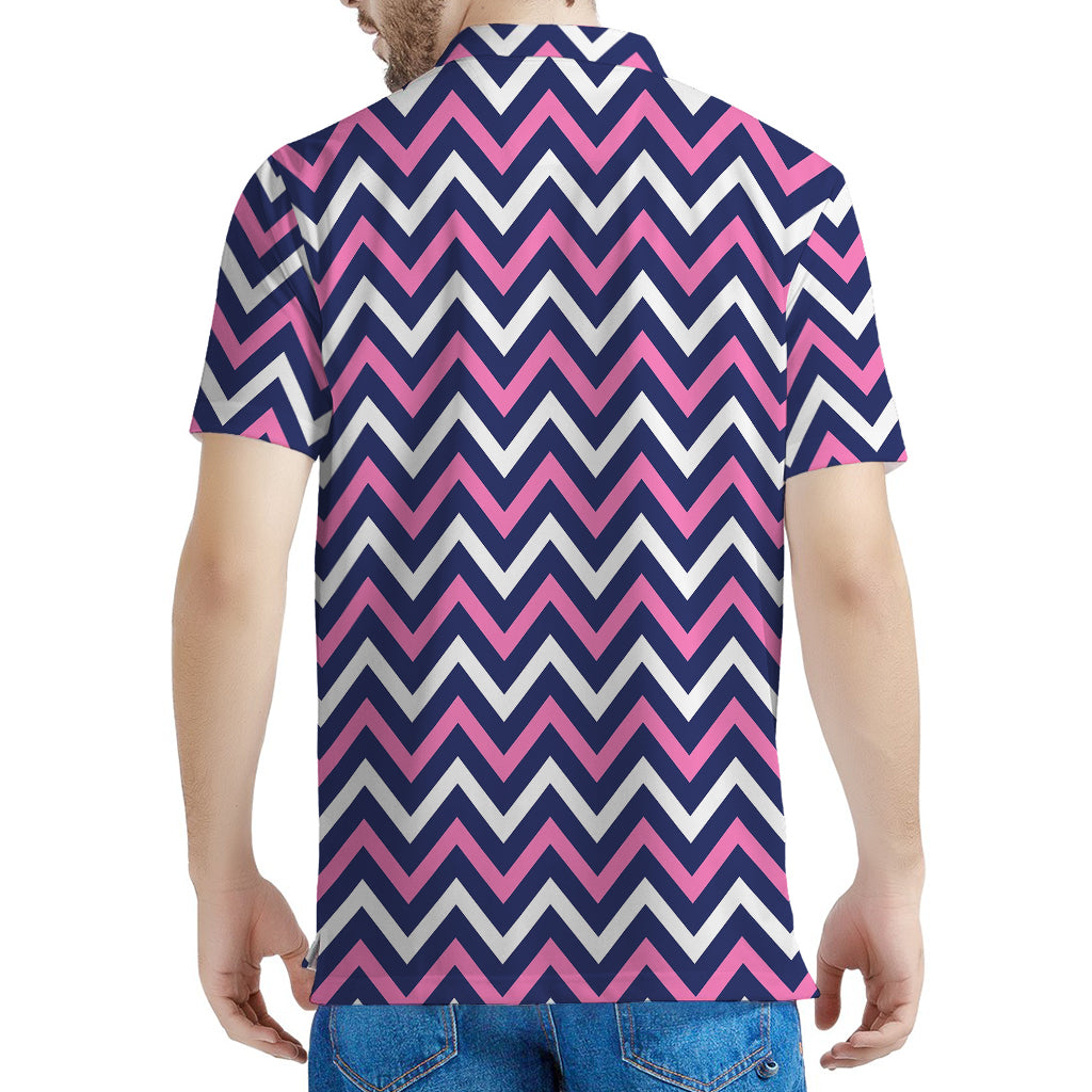 Navy Pink And White Chevron Print Men's Polo Shirt