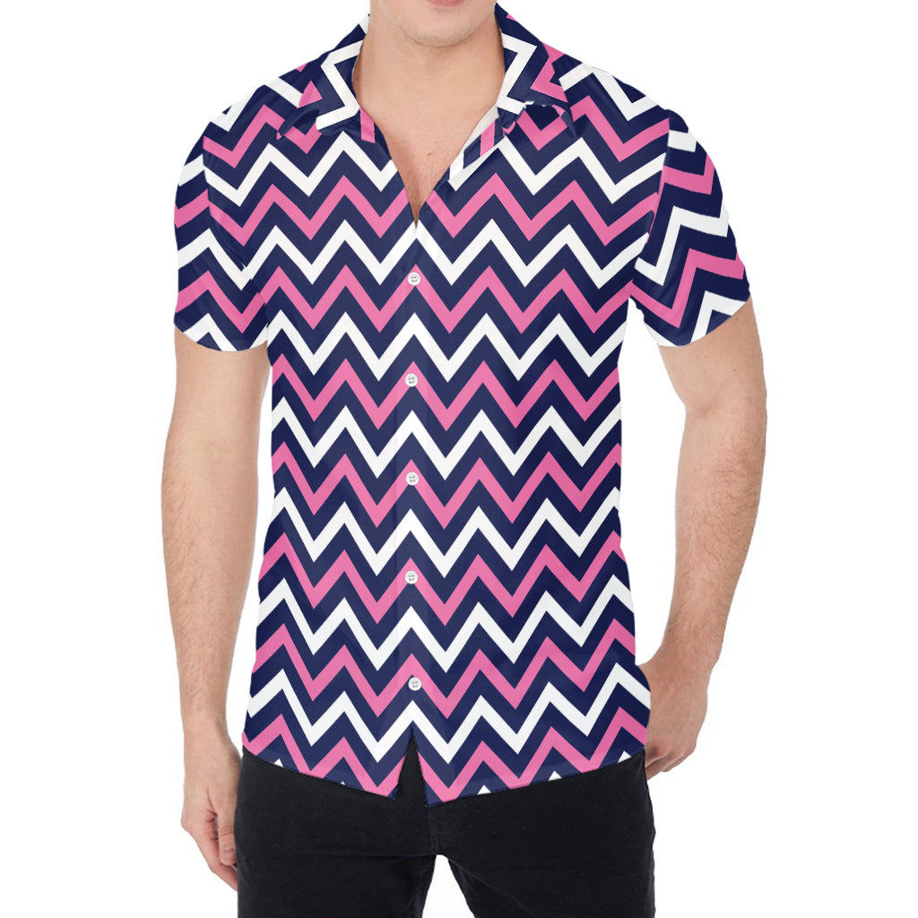 Navy Pink And White Chevron Print Men's Shirt
