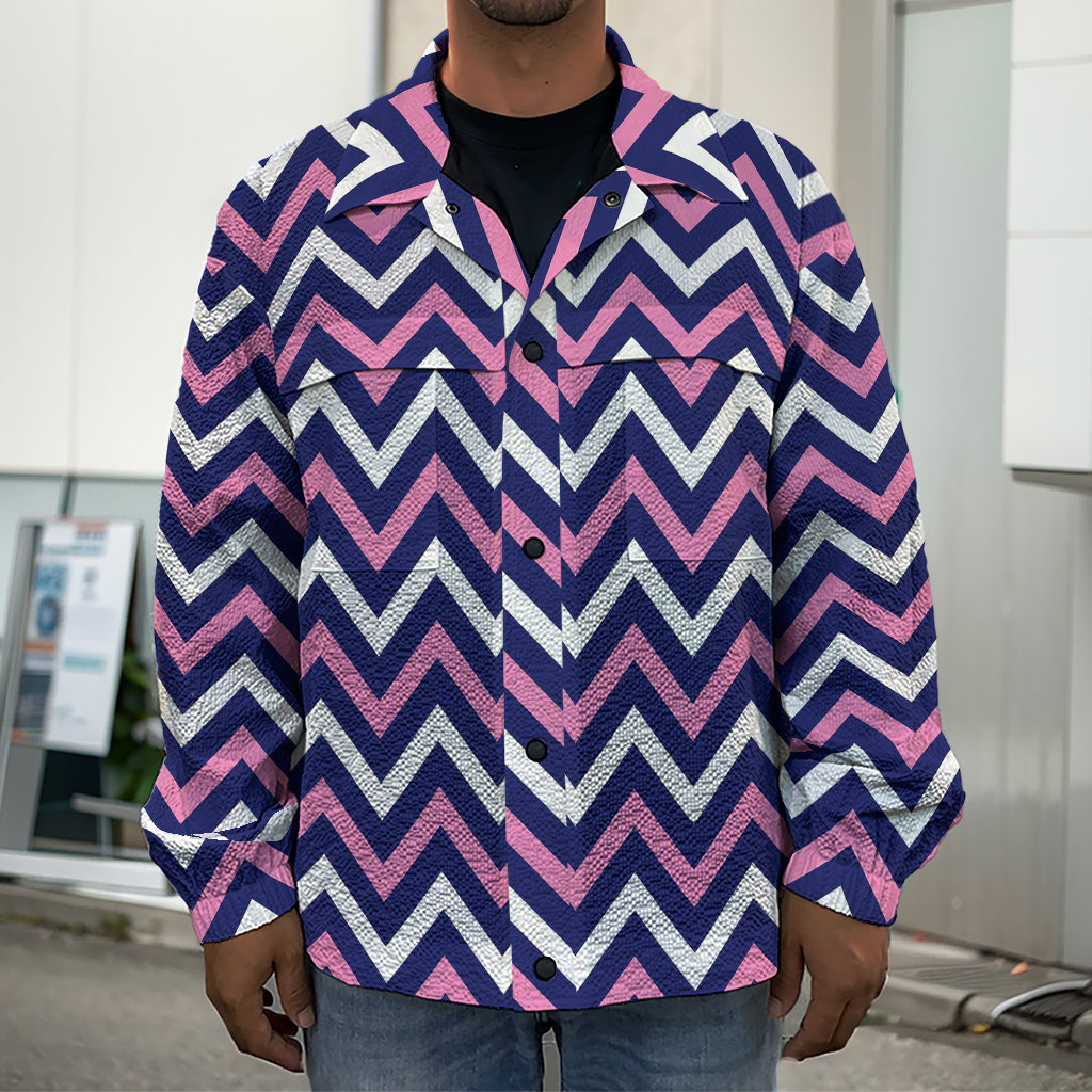 Navy Pink And White Chevron Print Men's Shirt Jacket