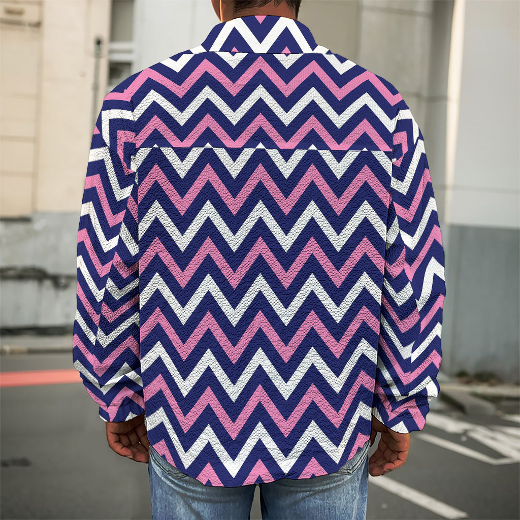 Navy Pink And White Chevron Print Men's Shirt Jacket