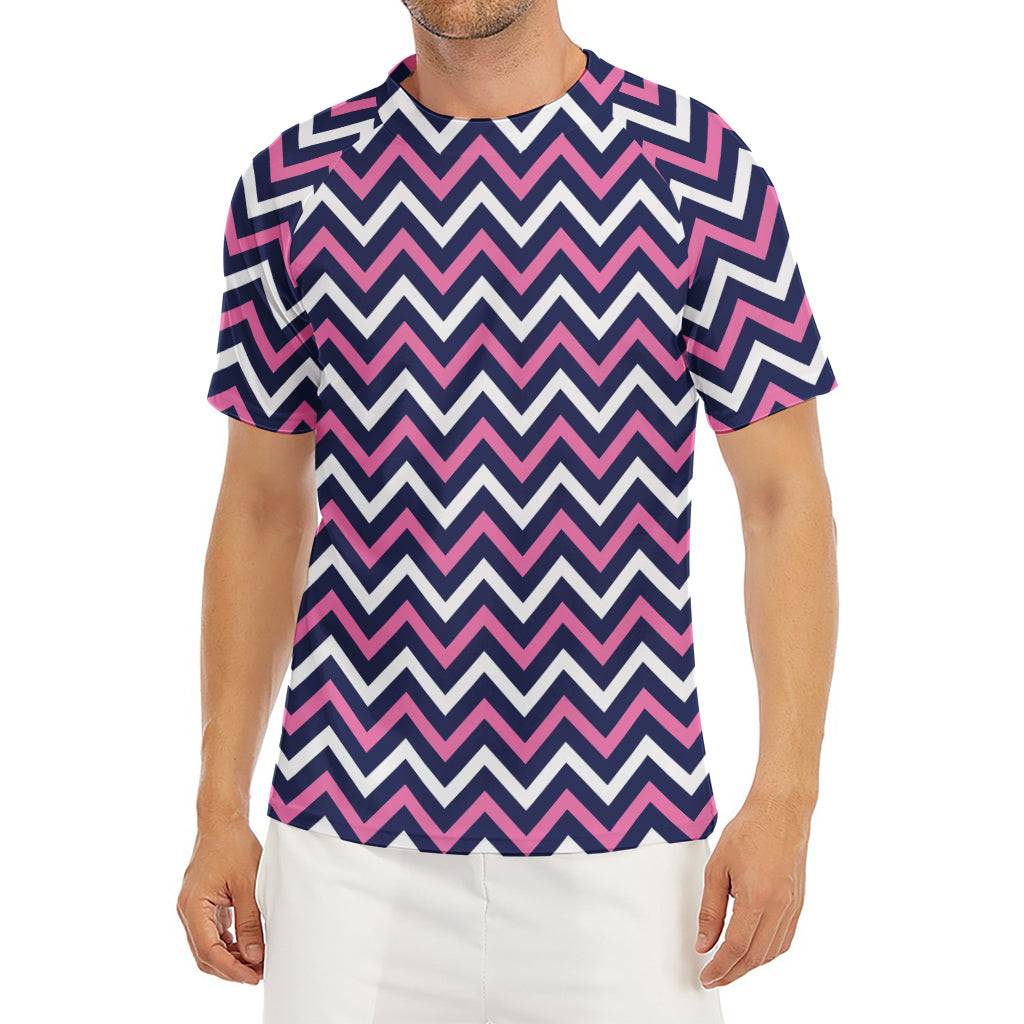 Navy Pink And White Chevron Print Men's Short Sleeve Rash Guard
