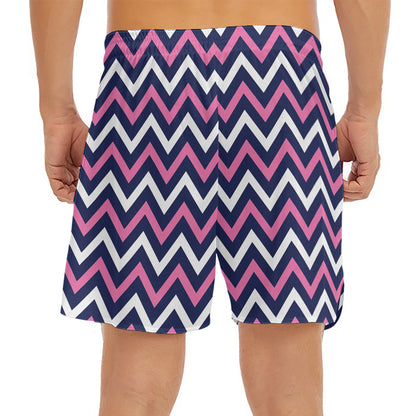 Navy Pink And White Chevron Print Men's Split Running Shorts