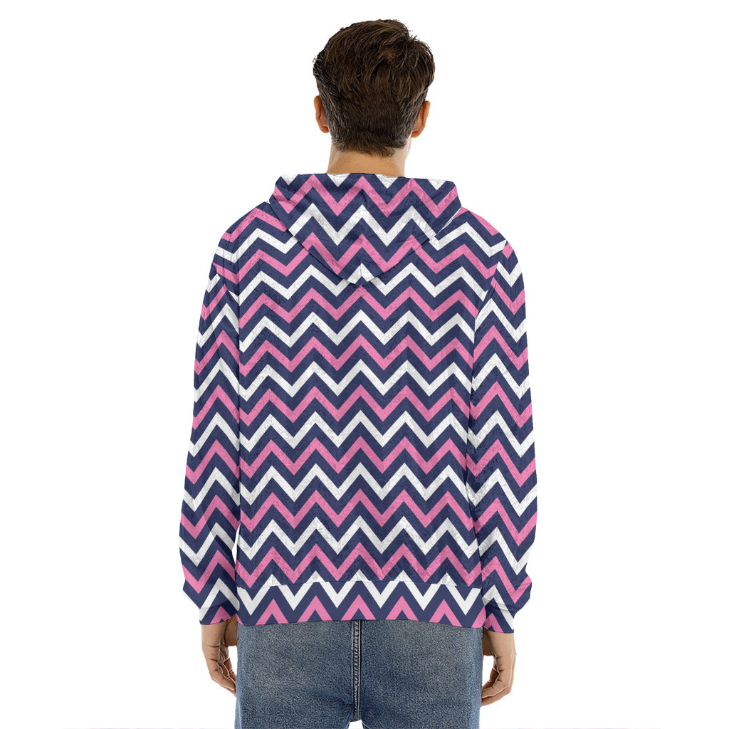 Navy Pink And White Chevron Print Men's Velvet Pullover Hoodie