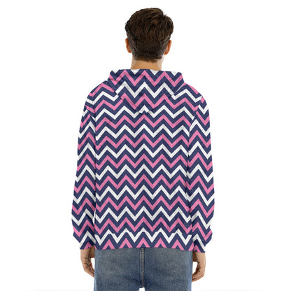 Navy Pink And White Chevron Print Men's Velvet Pullover Hoodie