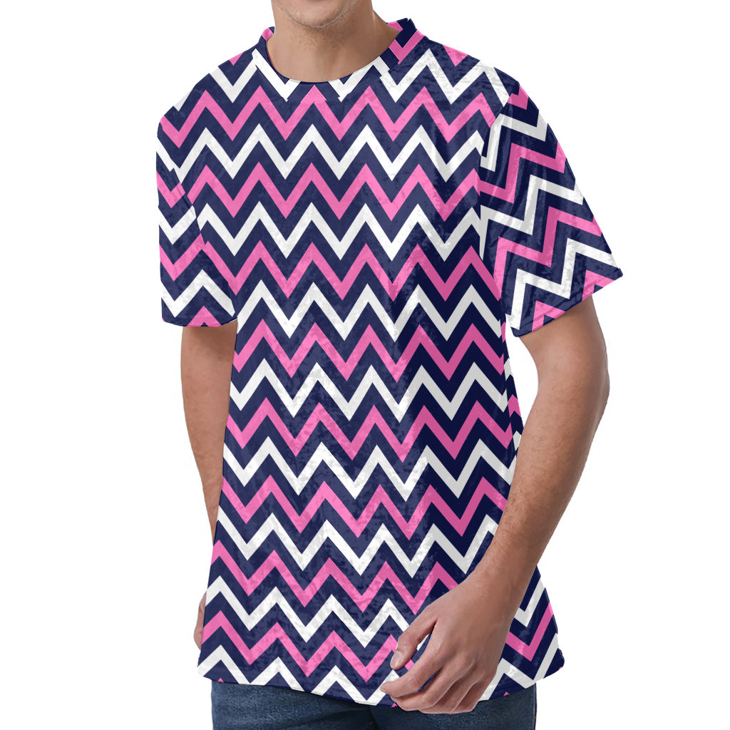 Navy Pink And White Chevron Print Men's Velvet T-Shirt