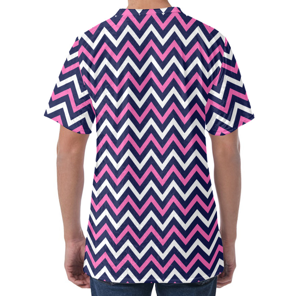 Navy Pink And White Chevron Print Men's Velvet T-Shirt