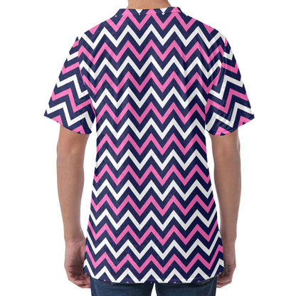 Navy Pink And White Chevron Print Men's Velvet T-Shirt