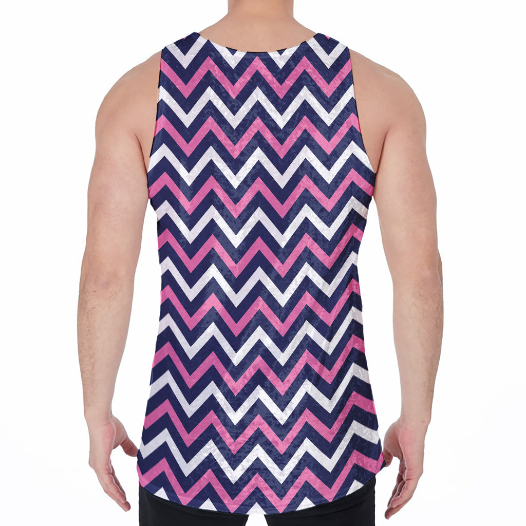 Navy Pink And White Chevron Print Men's Velvet Tank Top