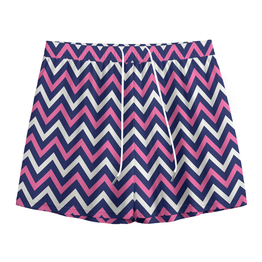 Navy Pink And White Chevron Print Mesh Shorts