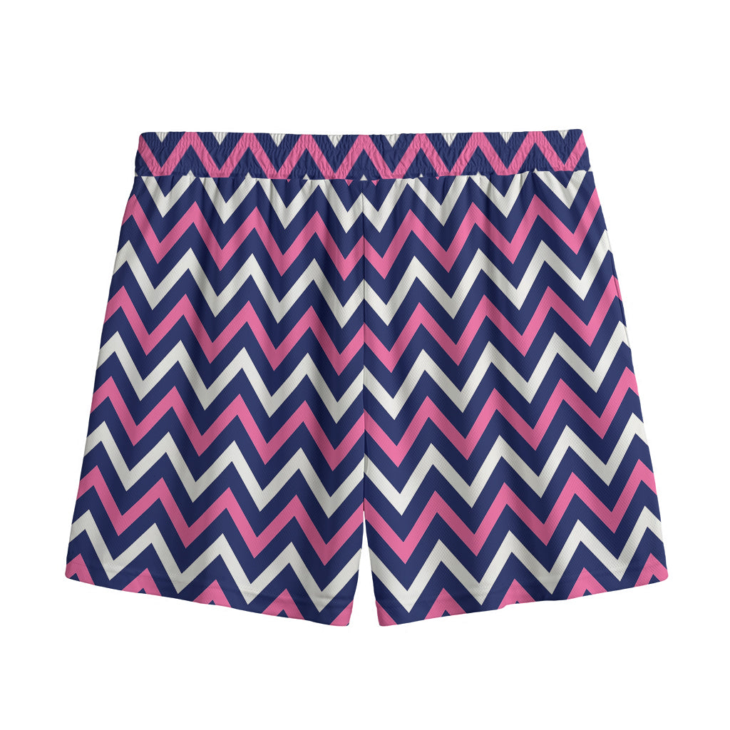Navy Pink And White Chevron Print Mesh Shorts