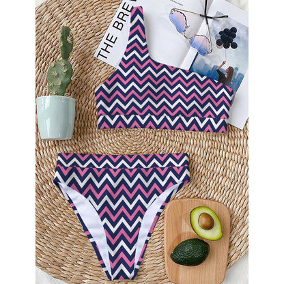 Navy Pink And White Chevron Print One Shoulder Bikini Top