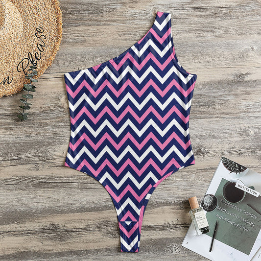 Navy Pink And White Chevron Print One Shoulder Bodysuit