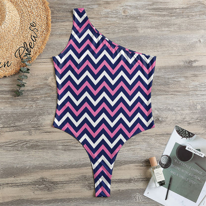 Navy Pink And White Chevron Print One Shoulder Bodysuit