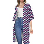 Navy Pink And White Chevron Print Open Front Beach Cover Up