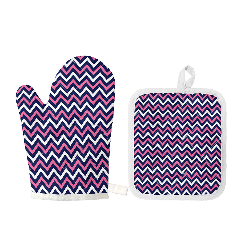 Navy Pink And White Chevron Print Oven Mitt And Pot Holder Set