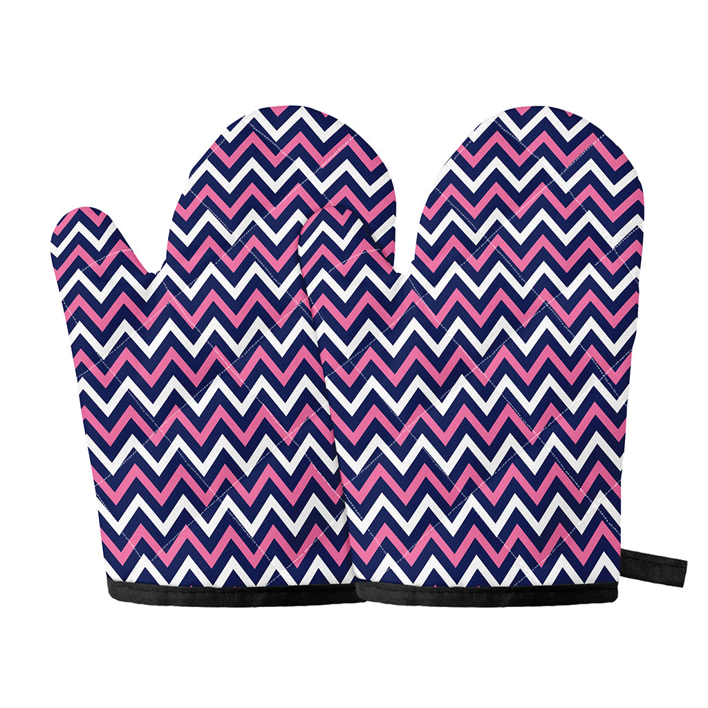 Navy Pink And White Chevron Print Oven Mitts
