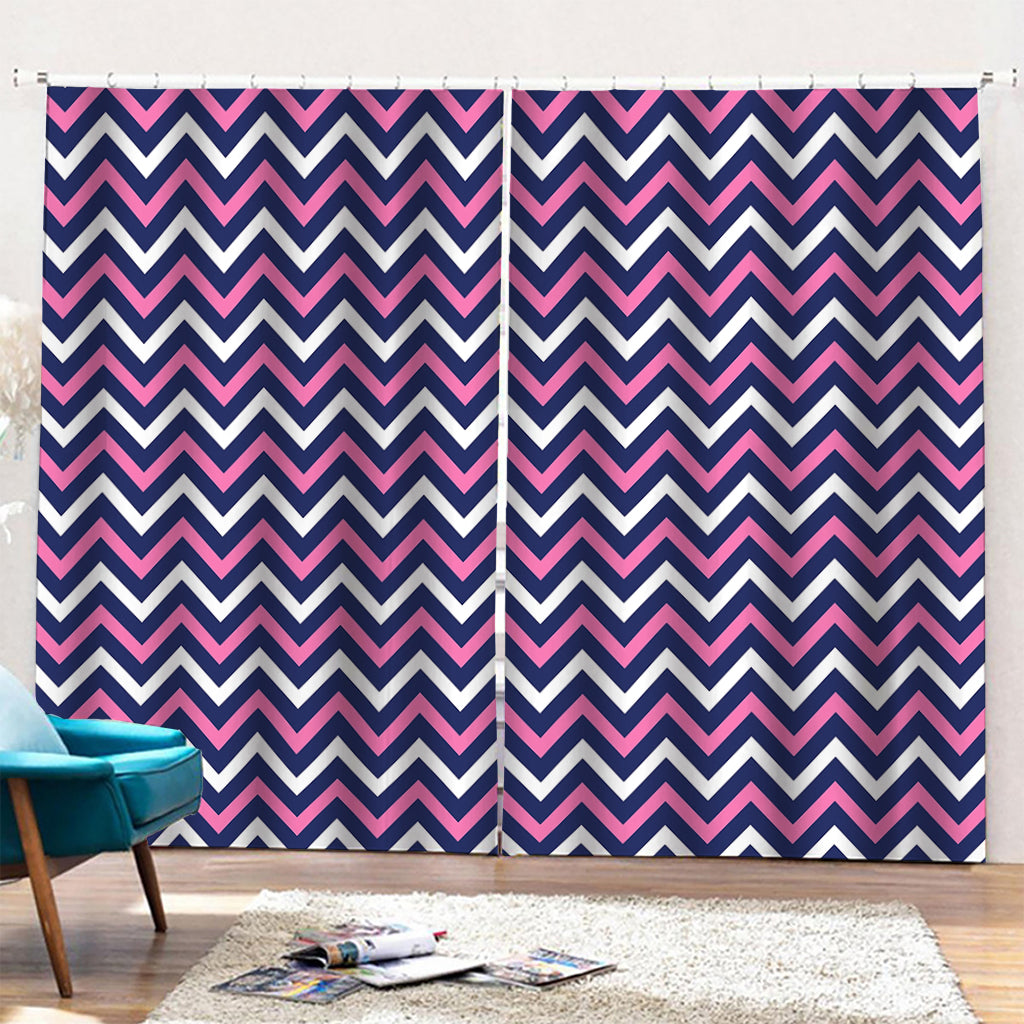Navy Pink And White Chevron Print Pencil Pleat Curtains