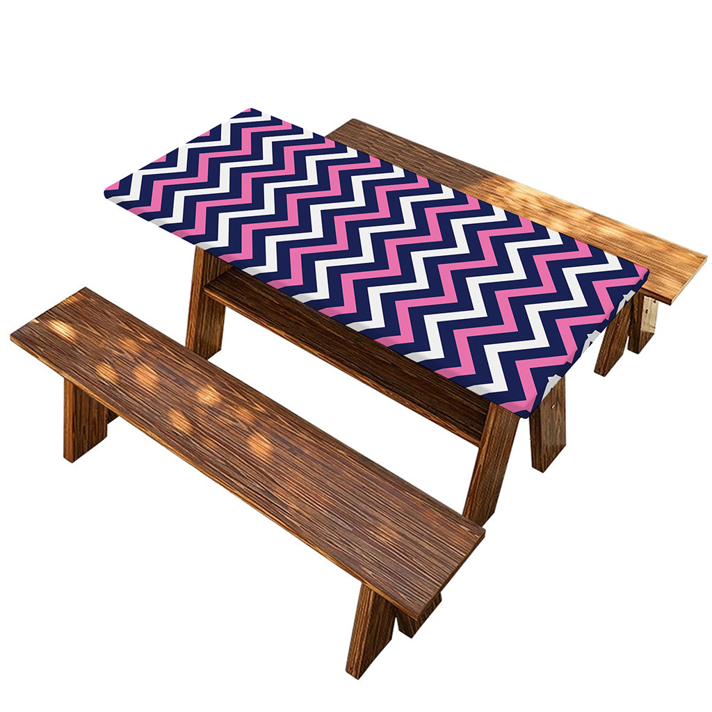 Navy Pink And White Chevron Print Picnic Table Cover
