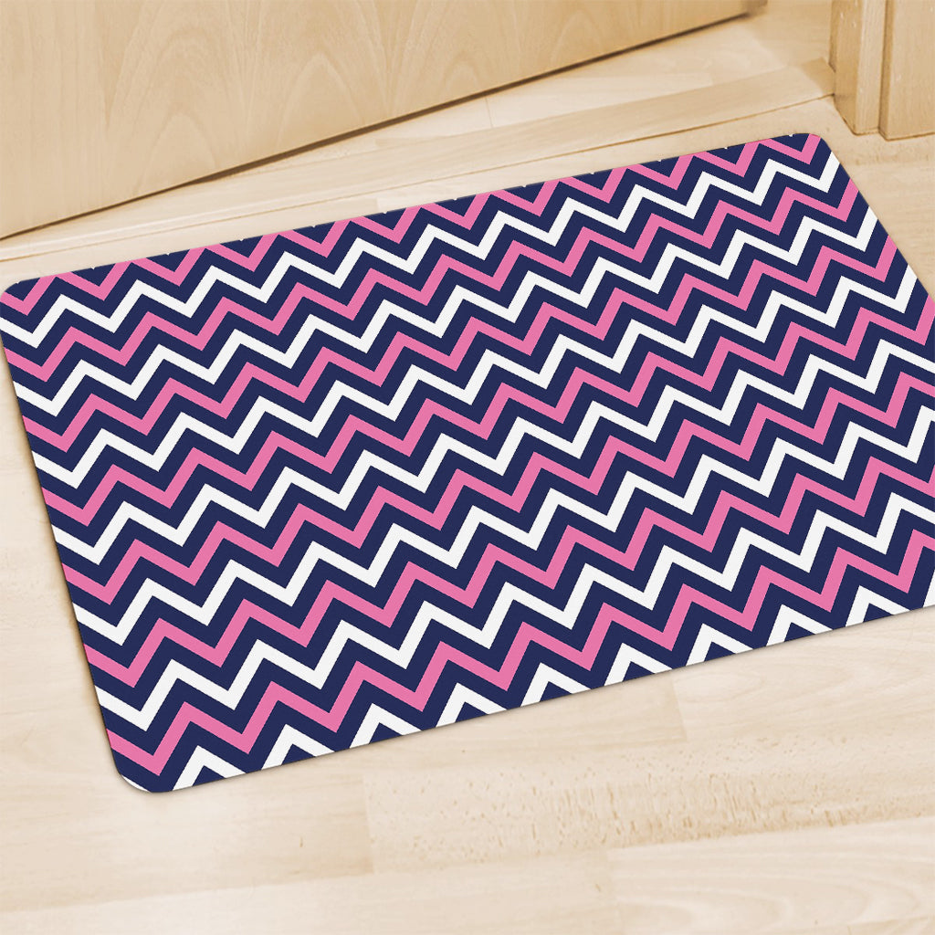 Navy Pink And White Chevron Print Polyester Doormat
