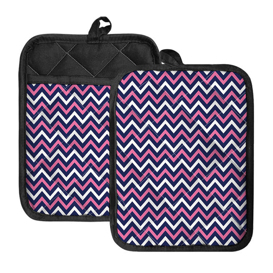 Navy Pink And White Chevron Print Pot Holders With Pocket