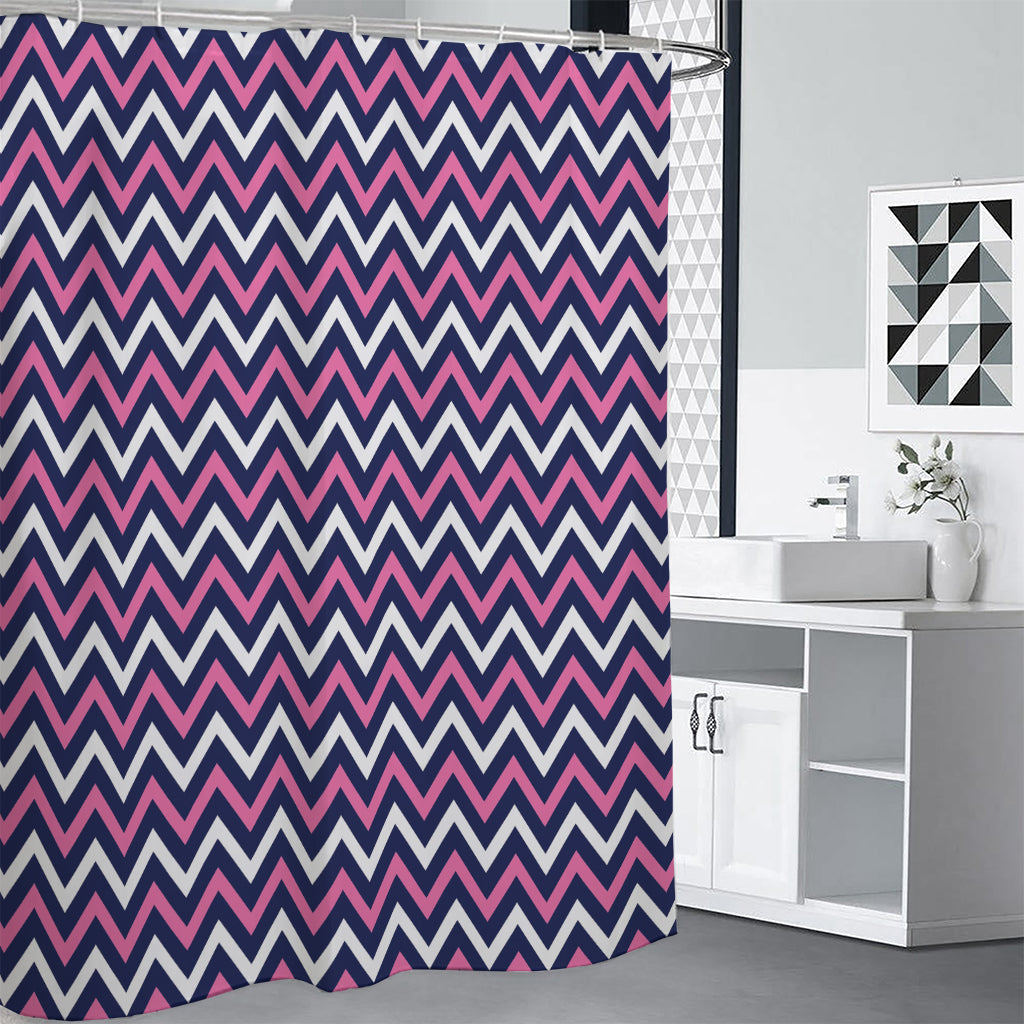 Navy Pink And White Chevron Print Premium Shower Curtain
