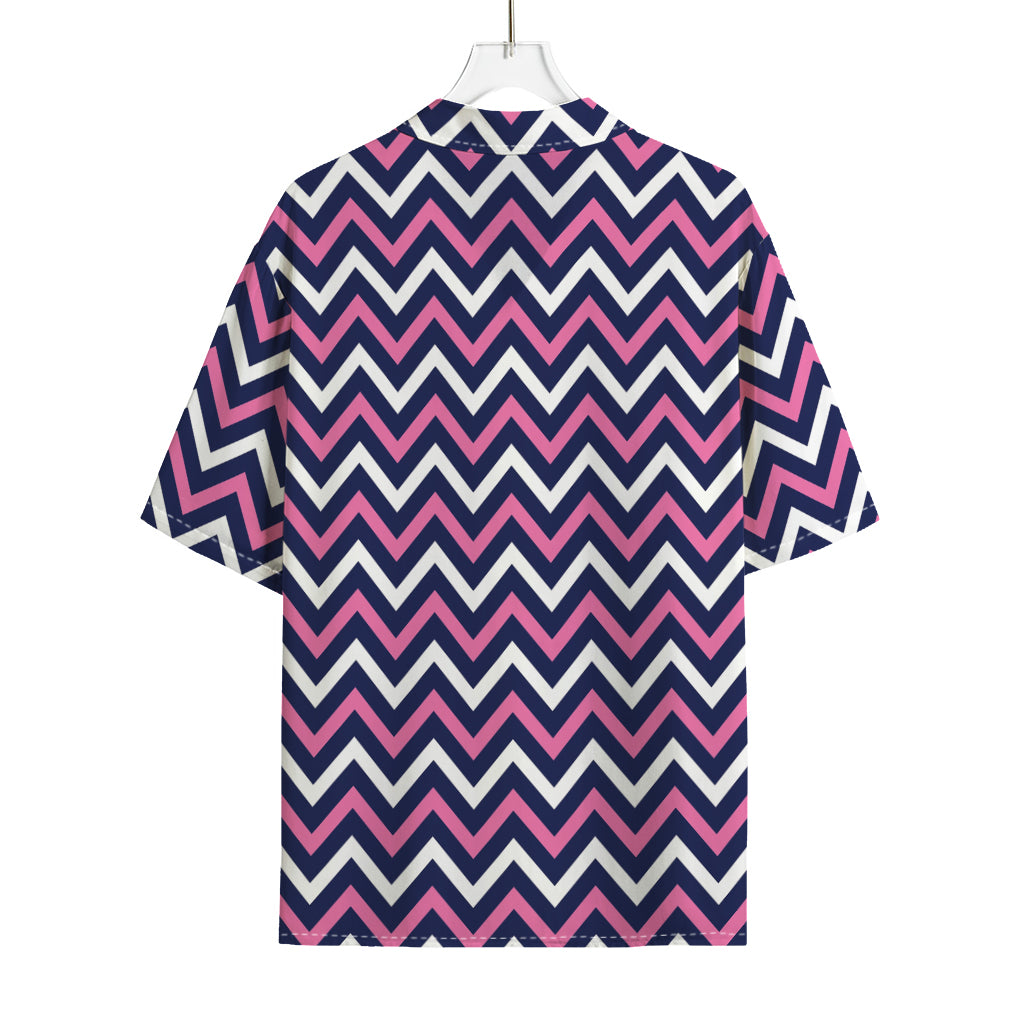 Navy Pink And White Chevron Print Rayon Hawaiian Shirt