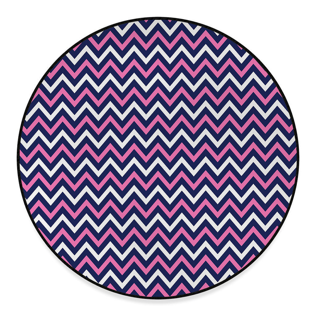 Navy Pink And White Chevron Print Round Floor Mat