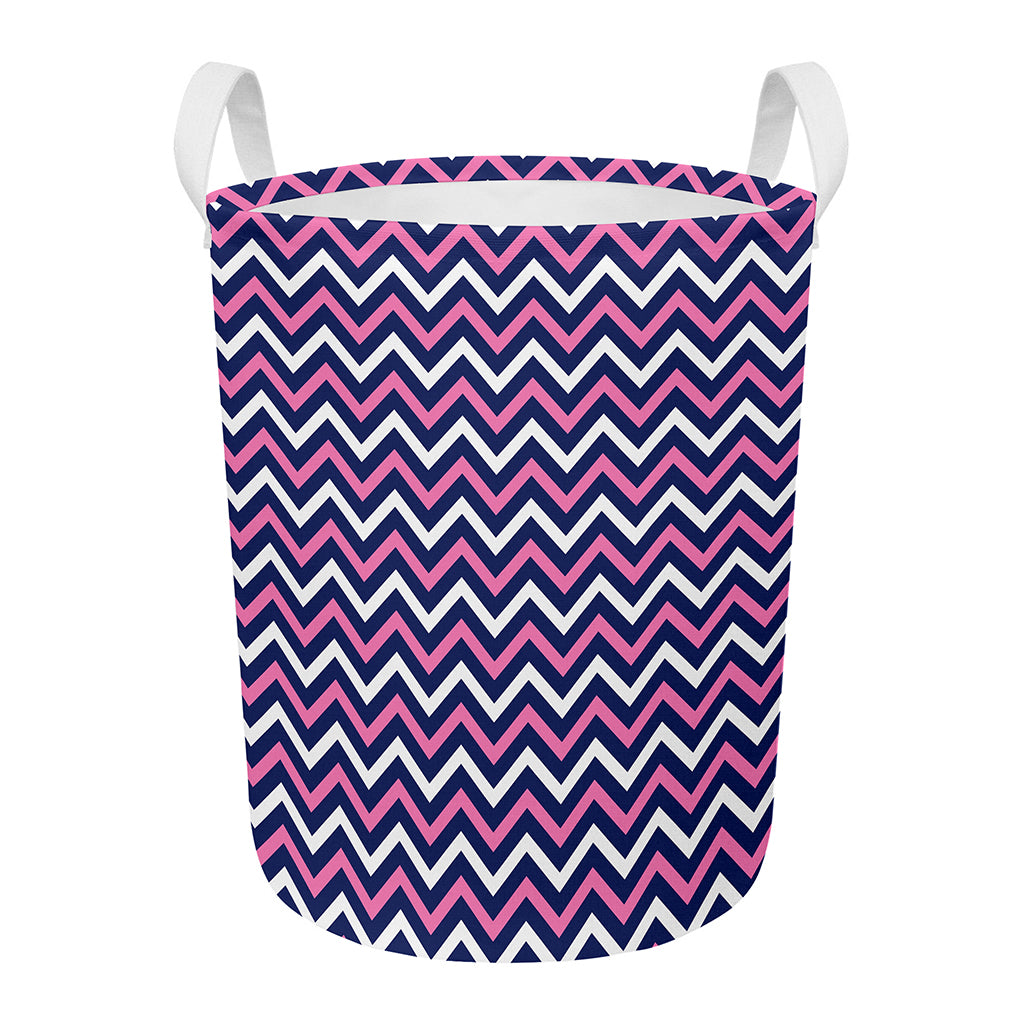 Navy Pink And White Chevron Print Round Laundry Basket