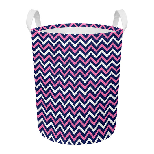Navy Pink And White Chevron Print Round Laundry Basket