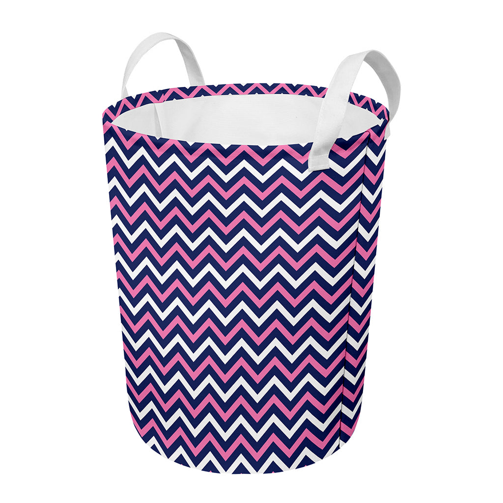 Navy Pink And White Chevron Print Round Laundry Basket