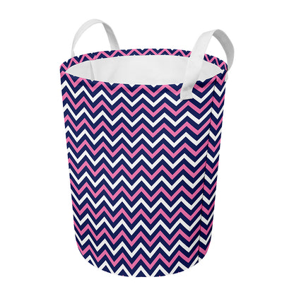Navy Pink And White Chevron Print Round Laundry Basket
