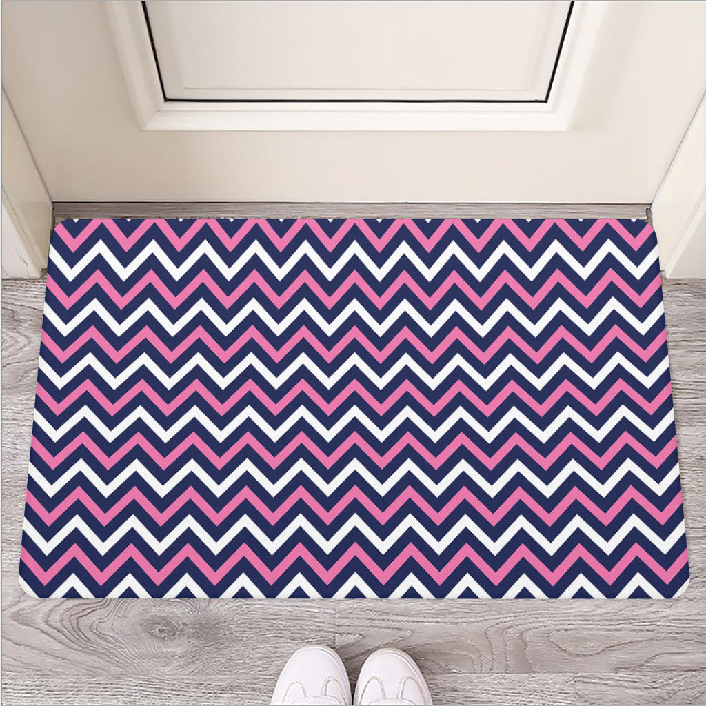 Navy Pink And White Chevron Print Rubber Doormat