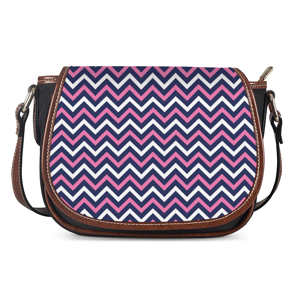 Navy Pink And White Chevron Print Saddle Bag