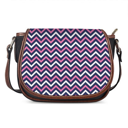Navy Pink And White Chevron Print Saddle Bag