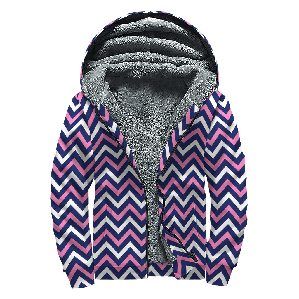 Navy Pink And White Chevron Print Sherpa Lined Zip Up Hoodie