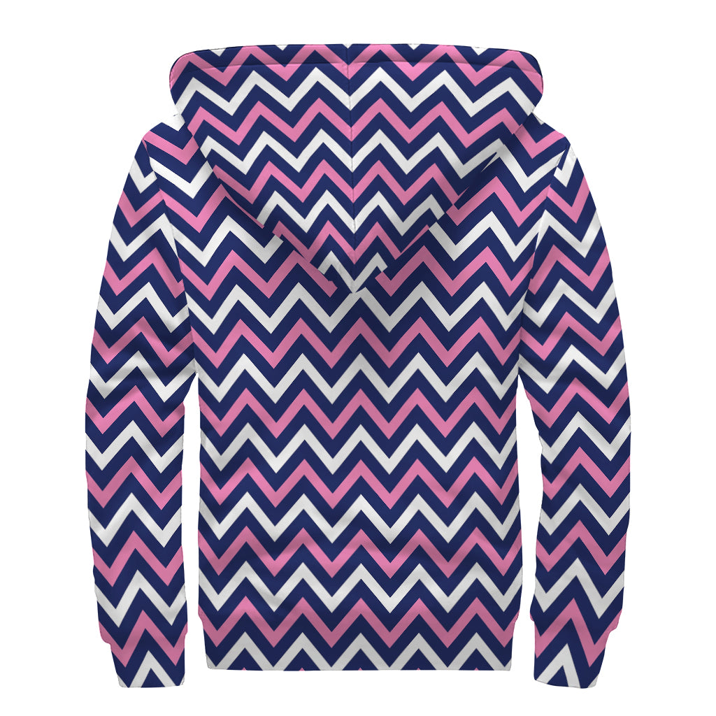 Navy Pink And White Chevron Print Sherpa Lined Zip Up Hoodie