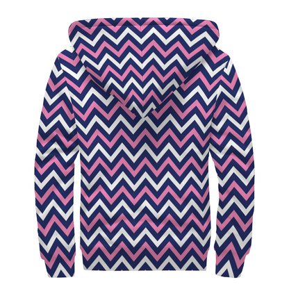 Navy Pink And White Chevron Print Sherpa Lined Zip Up Hoodie