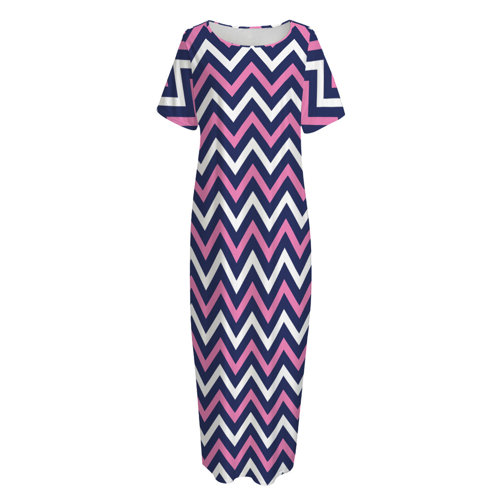 Navy Pink And White Chevron Print Short Sleeve Long Nightdress
