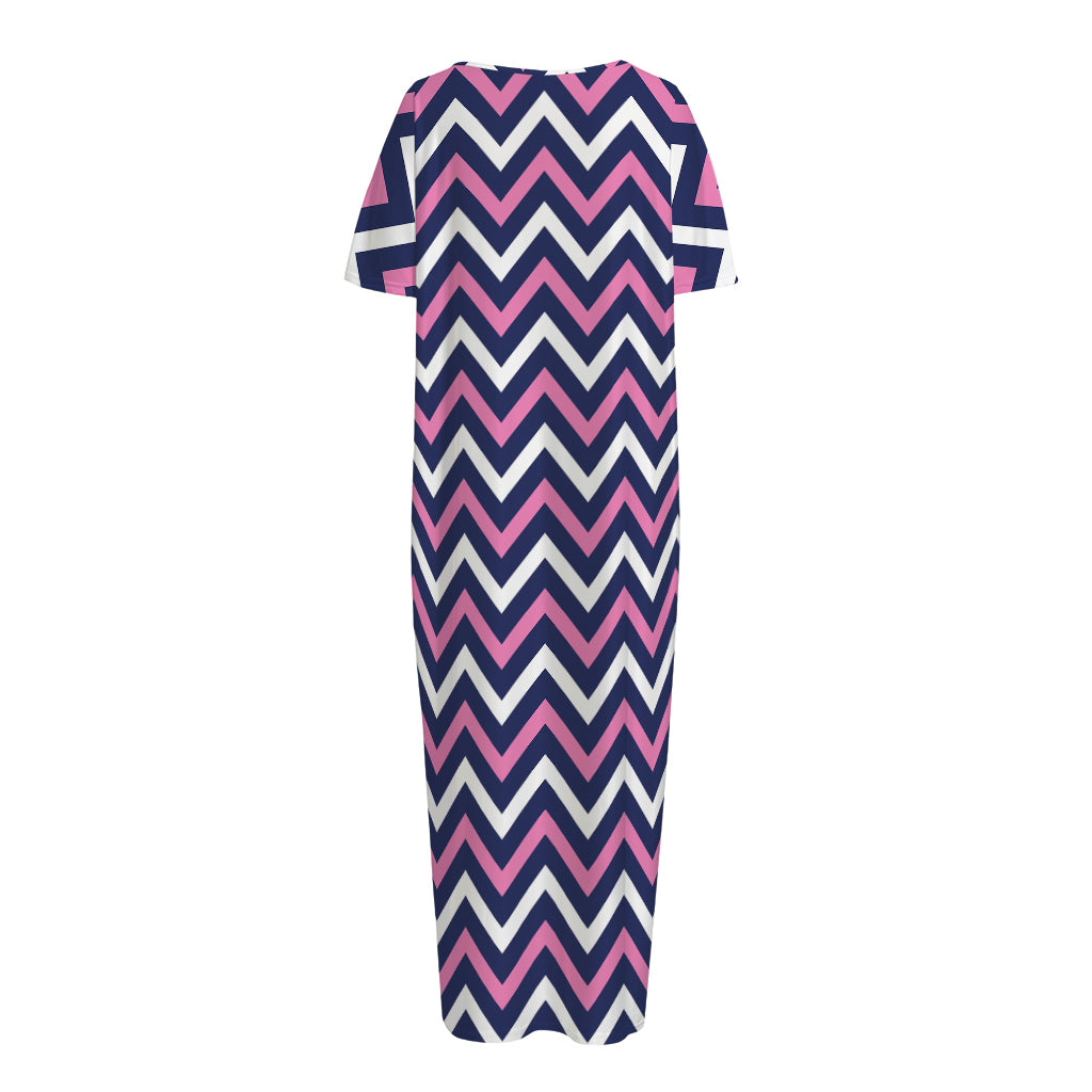 Navy Pink And White Chevron Print Short Sleeve Long Nightdress