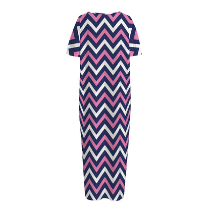 Navy Pink And White Chevron Print Short Sleeve Long Nightdress