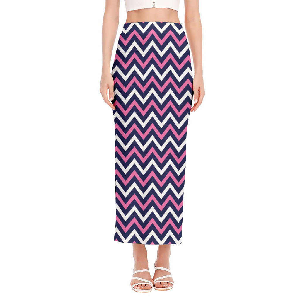 Navy Pink And White Chevron Print Side Slit Maxi Skirt