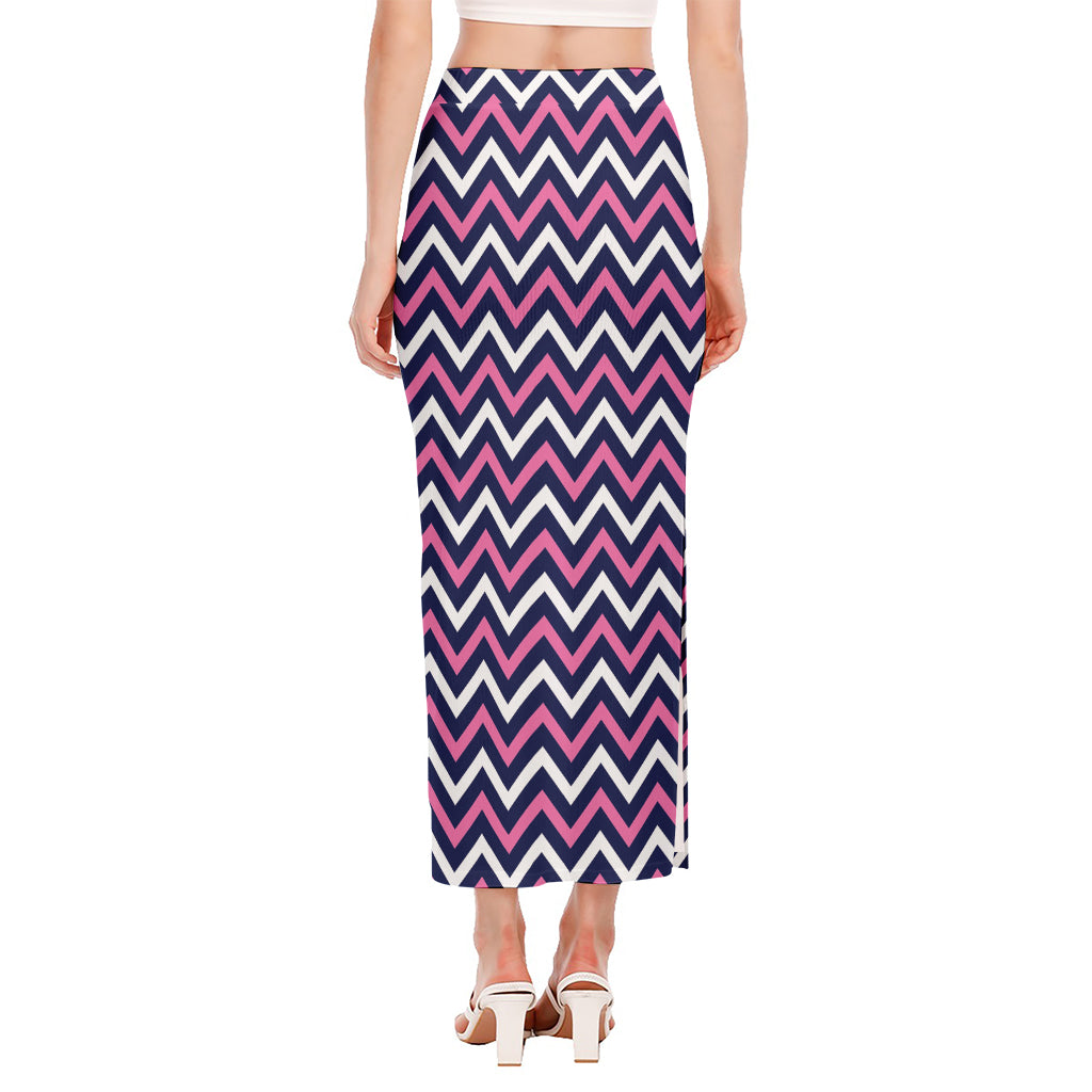 Navy Pink And White Chevron Print Side Slit Maxi Skirt