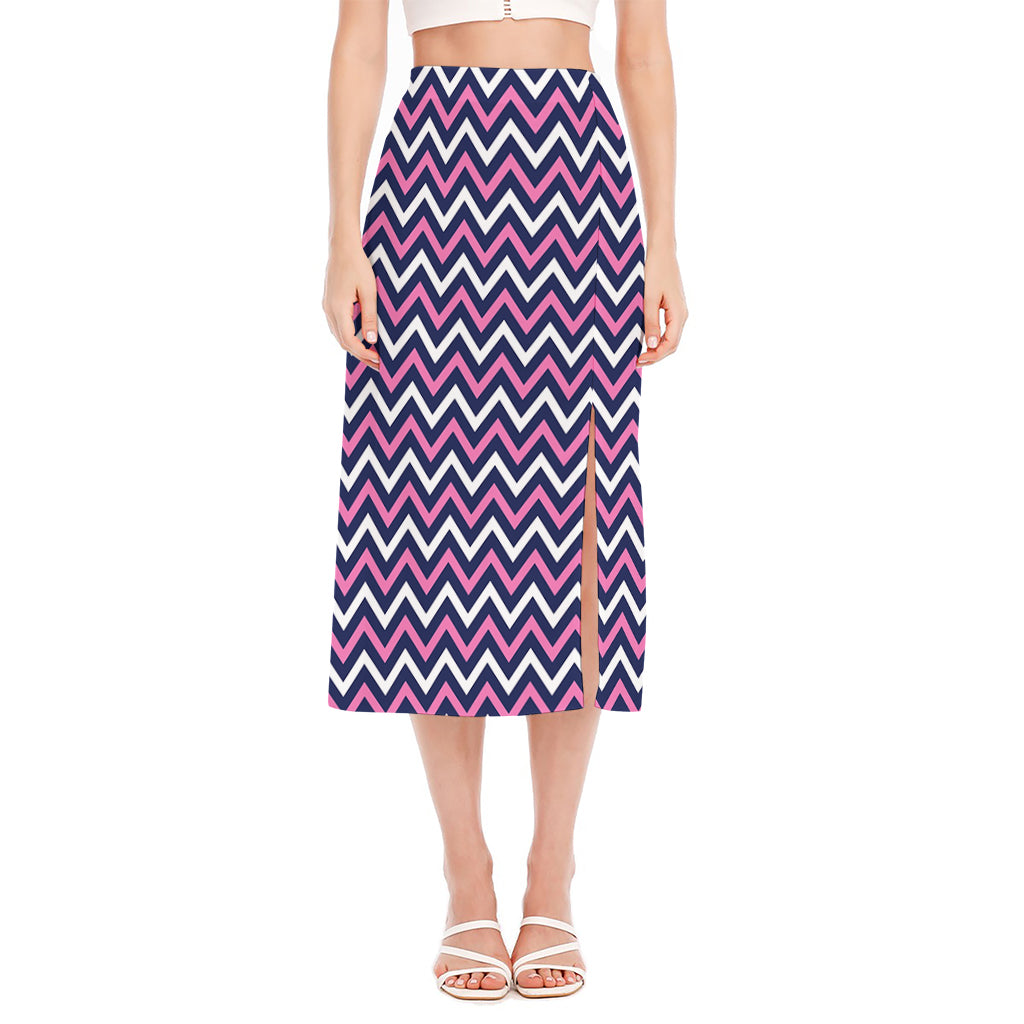 Navy Pink And White Chevron Print Side Slit Midi Skirt