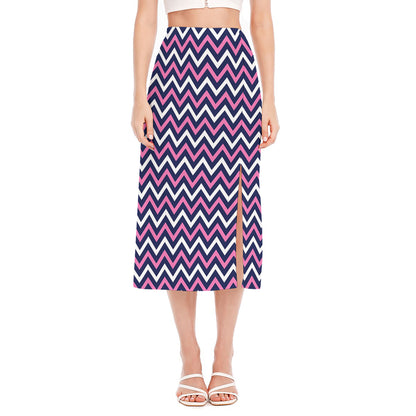 Navy Pink And White Chevron Print Side Slit Midi Skirt